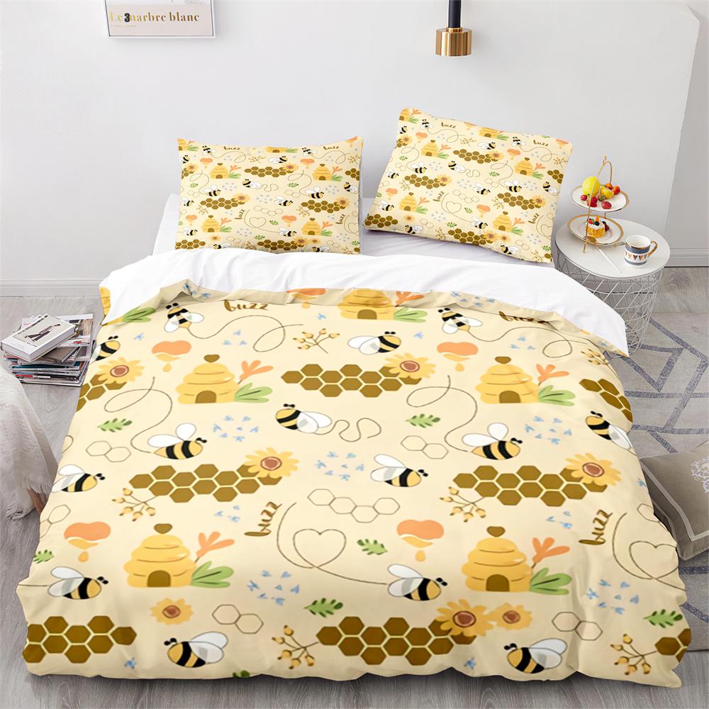 Bee Duvet Cover Set Watercolour Painting Cartoon Cute Wildlife Comforter Cover King Queen for Kids Girl Polyester Bedding Set