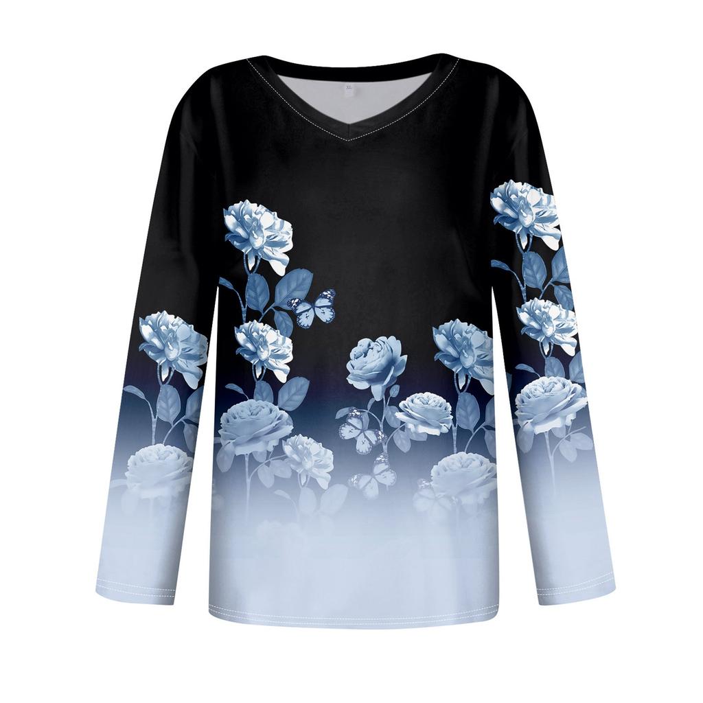 Women's T Shirt Retro Print Long Sleeve Daily Weekend Daily Basic V Neck Regular Fall Winter Tops