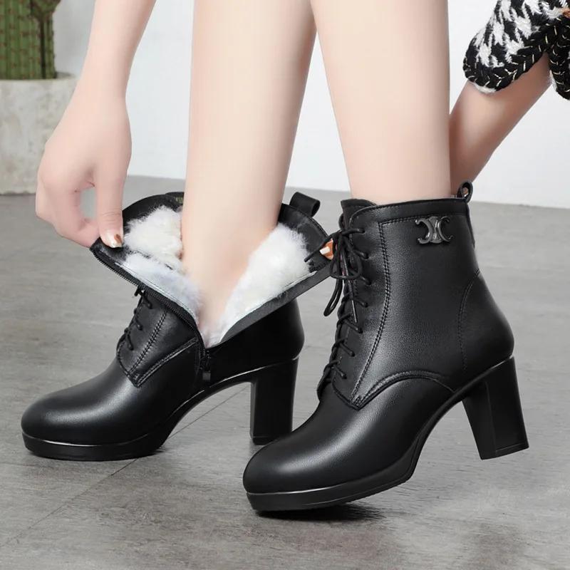 Women Genuine Leather Ankle Boots 2025 Autumn Winter Thick Wool Comfortable Thick High Heels Women Snow Boots Platform Shoes