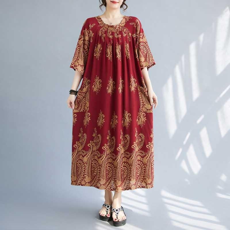 Neue Große Größe Literarischer Rundhals Locker Blumencover Fleisch Dünne Kleider