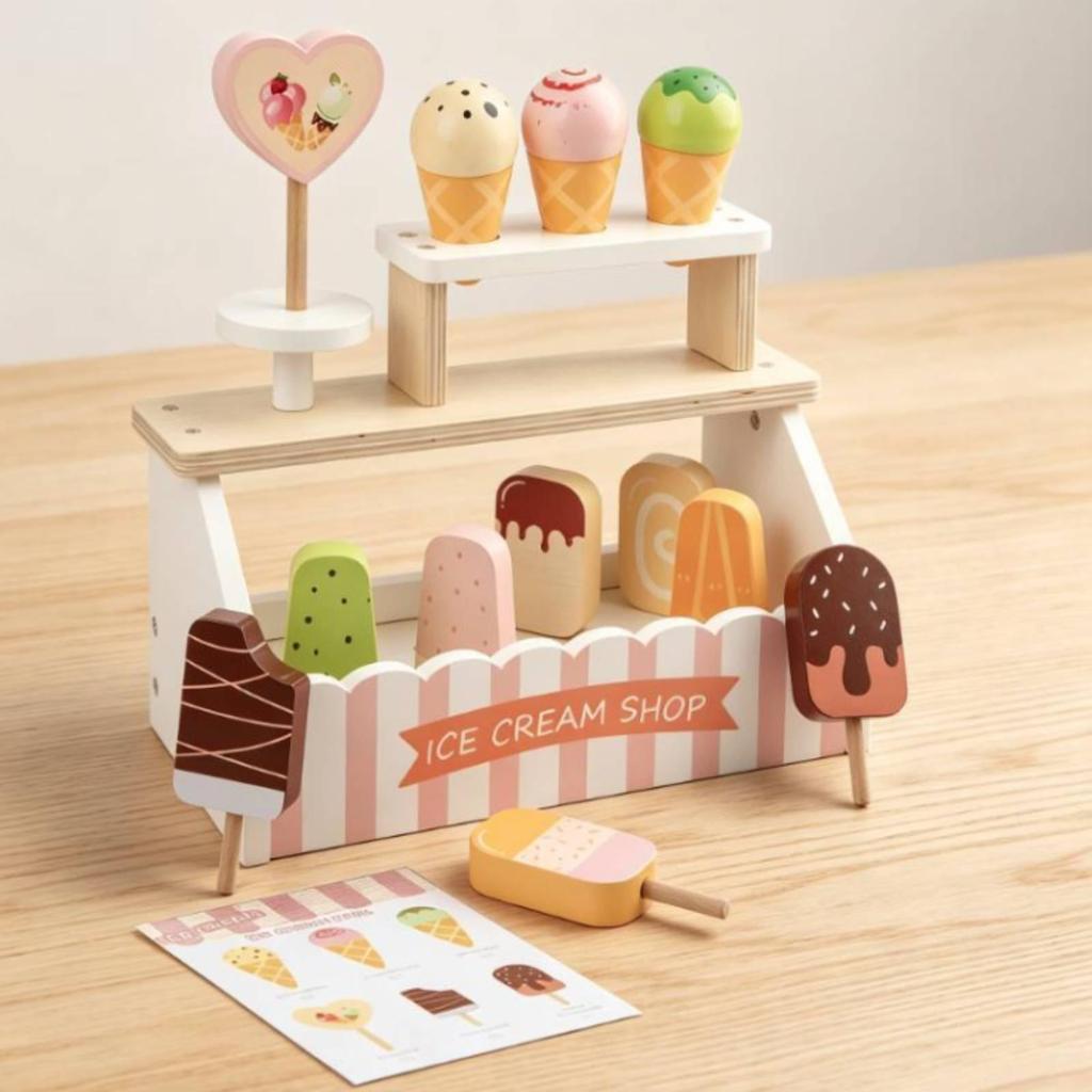 Ice Cream Shop Display Stand Pink and Wooden Striped Dessert Counter Playset for