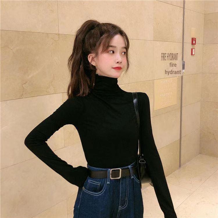Women's High Collar Solid Color Slim Fit Long Sleeve Top for Spring and Autumn