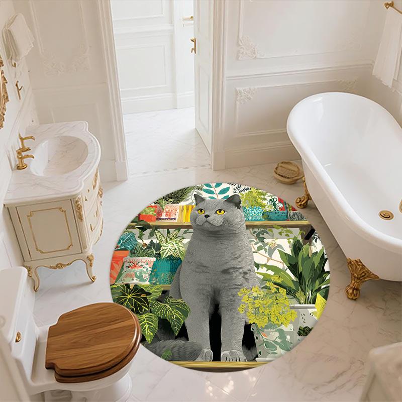 Plant Cat,Round Area Rug,Carpet Rug for Living Room Bedroom Sofa Playroom Decor,Non-slip Floor Mat