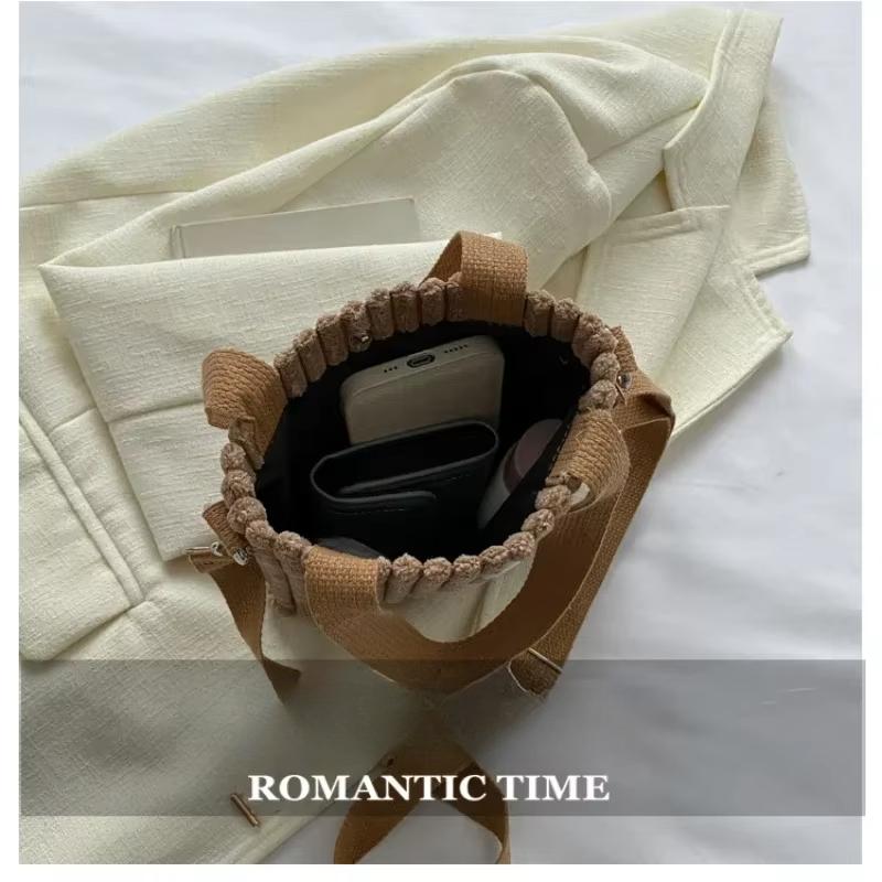 Korean Mini Bucket Bag Corduroy Handbags Crossbody Bag for Women Vertical Casual Mini Tote Bag Power Bank Phone Pouch Coin Purse