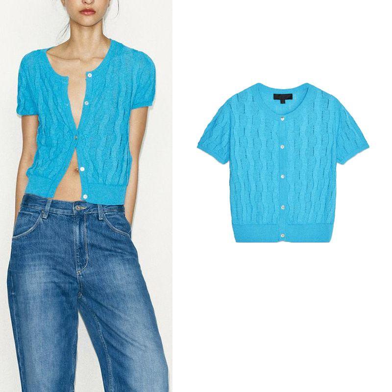 Summer New Product Women's Clothes French Style Single Row Multi-Buckle Minimalist Textured round Neck Short Sleeve Knitting Outwear 4737006