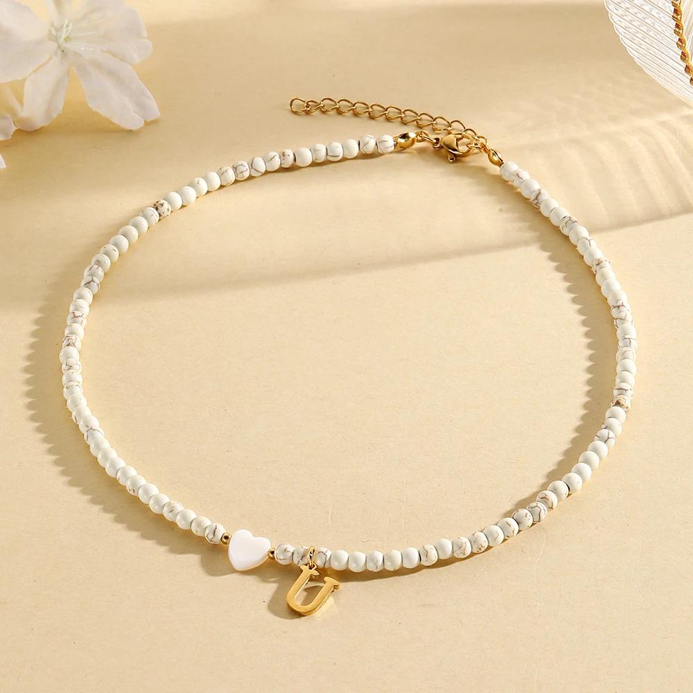 Bohemian Choker neck Initial necklaces heart-shaped shell letter pendant beads Women's stainless steel necklace woman trend2025