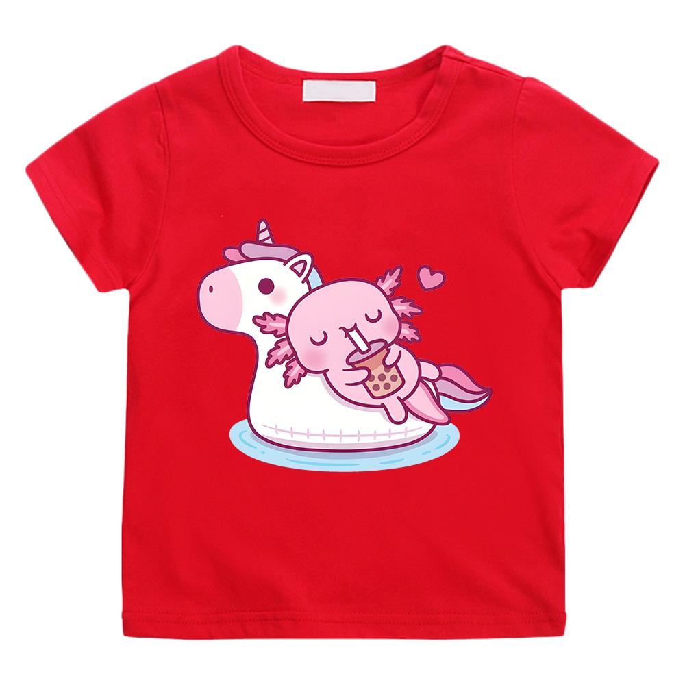 Axolotl Bubble Tea On Unicorn Tshirts Kawaii Anime Print Tops Cute Girl Cotton T-shirts Summer New Versatile Short Sleeve Tees