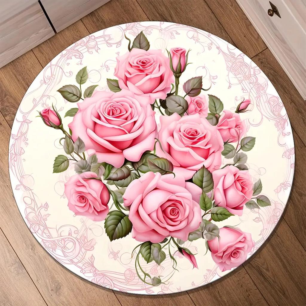 Modern Botanical Flower Round Carpet Soft Non-Slip Decorative Doormat Machine Washable Floor Rug for Kitchen Bathroom Office