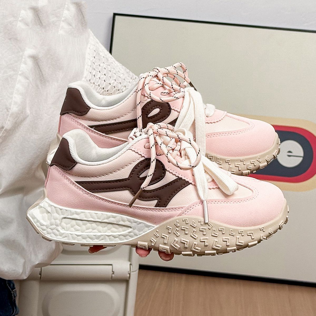 

2025Women s Dad Shoes Spring Summer Casual Running Thick Bottom Heightening Leisure Street Style PU Leather Rubber Sole Sneakers 40 рожевий