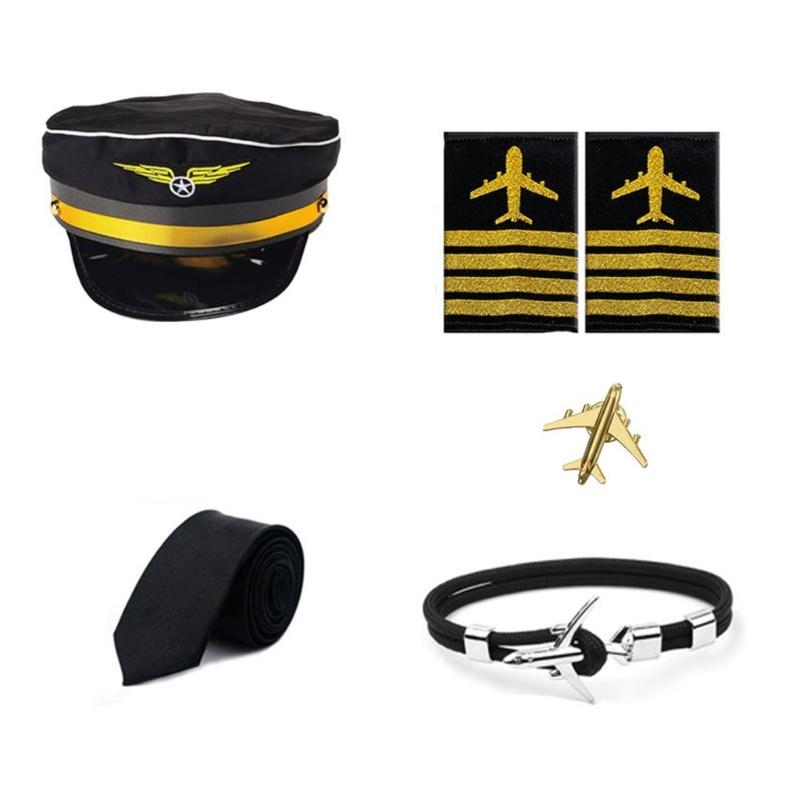 Flight Captain Outfits Captain Hat Uniform Epaulettes Neck Tie Halloween Stewardess Costume Flight Attendant Cosplay Set