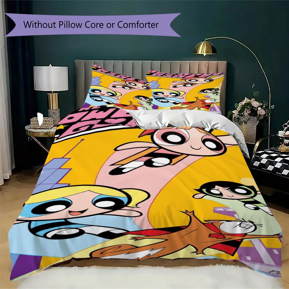 Cartoon Powerpuff Girls print children's duvet cover set, soft and skin-friendly, available in multiple sizes, bedroom bedding.