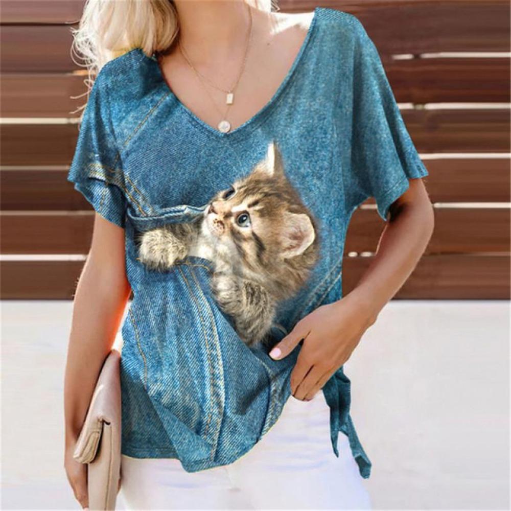 Summer Lovely Cat 3D Print T-Shirts Women Casual V-Neck Short Sleeve T Shirt Y2k Harajuku Animal Tees Loose Tops Female Clothing