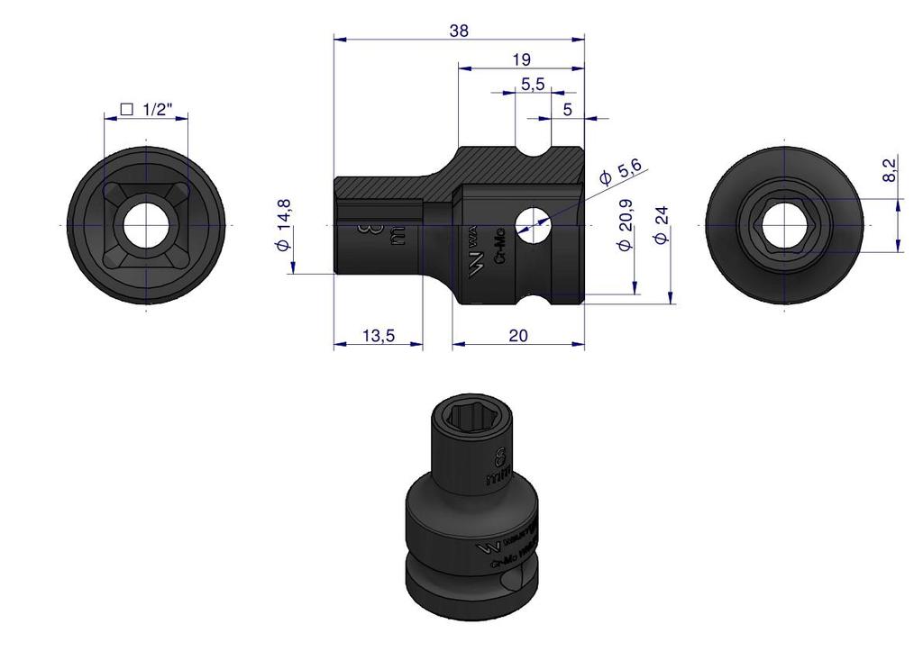 Hexagonal Impact Socket 1/2". 8 Mm. Crmo. Din 3129. Waryński