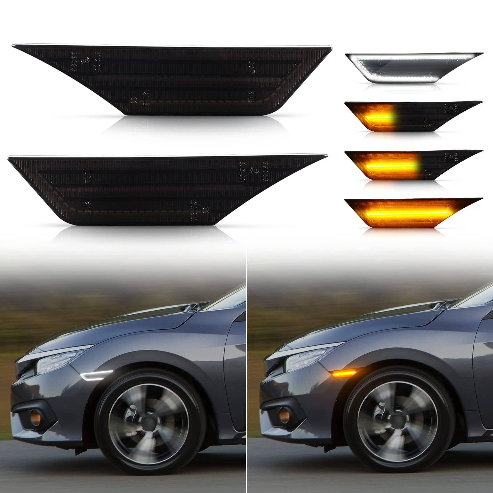 

POPMOTORZ Светодиодные боковые габаритные огни переднего крыла Honda Civic с последовательными боковыми указателями поворота и переключением двух цветов для техосмотра Honda Civic Coupe