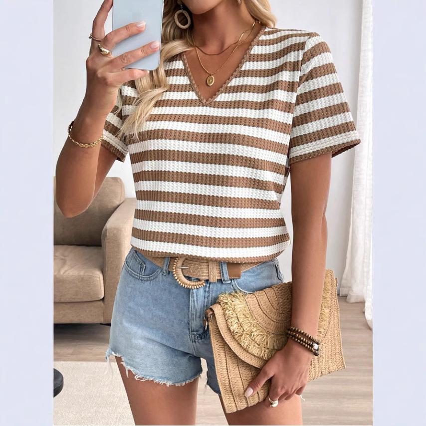 Letní ležérní pruhovaný top s výstřihem do V a krátkým rukávem, volná dámská trička