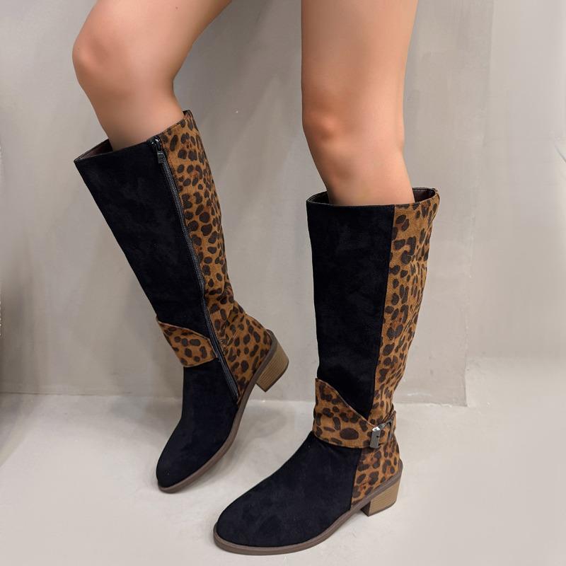 Autumn and Winter Leopard Pattern Belt Buckle High-tube Boots Side Zipper Thick-heeled Mid-heeled Knight Boots Women