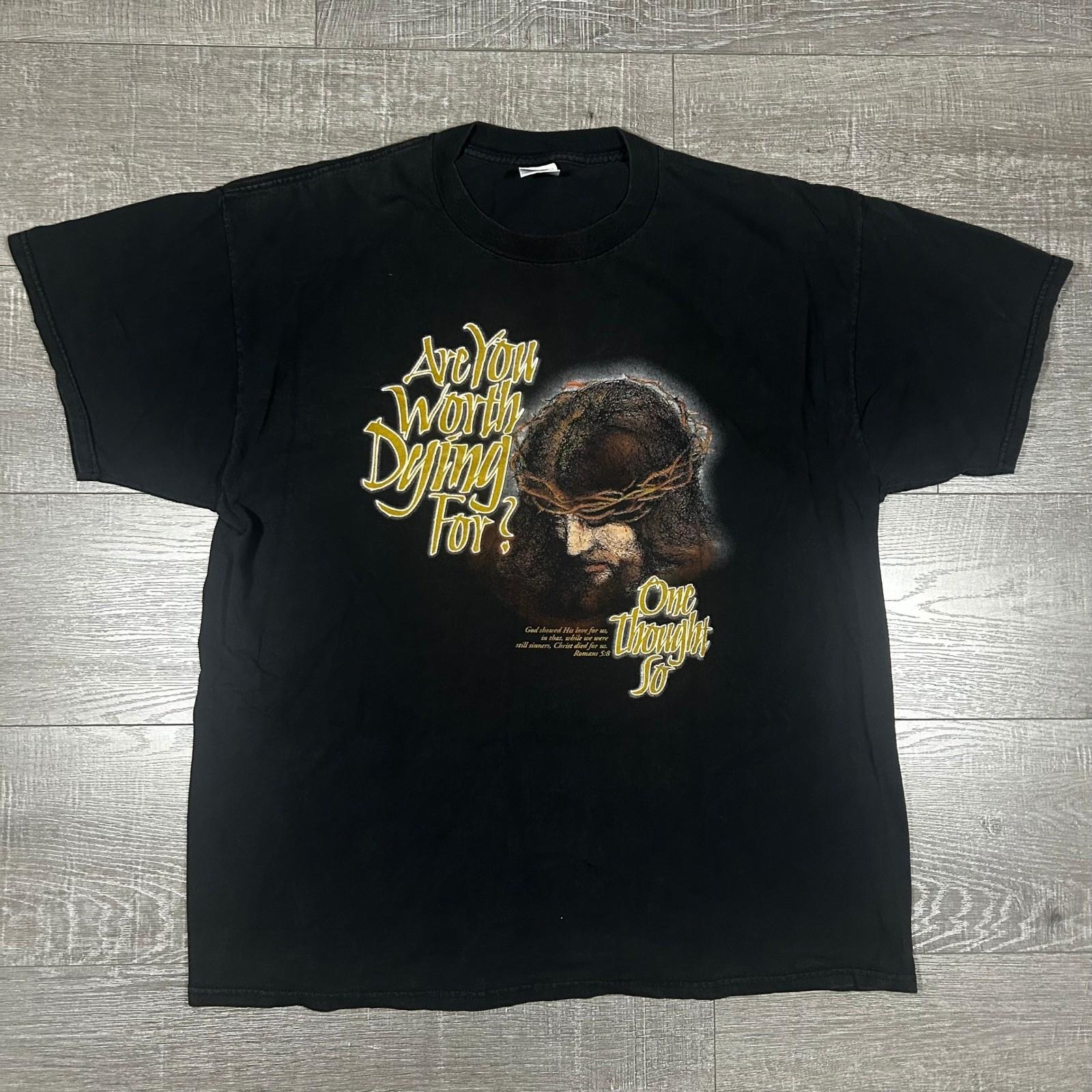 Vintage 90s Jesus Are You Worth Dying For Romans 5:8 Graphic Tee Black XL Unisex T-Shirt XXXL