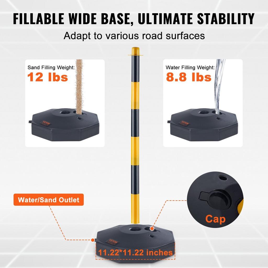 Adjustable Traffic Delineator Post Cones, 4 Pack, Traffic Safety Delineator Barrier with Fillable Base 8FT Chain, for Traffic Control Warning Parking