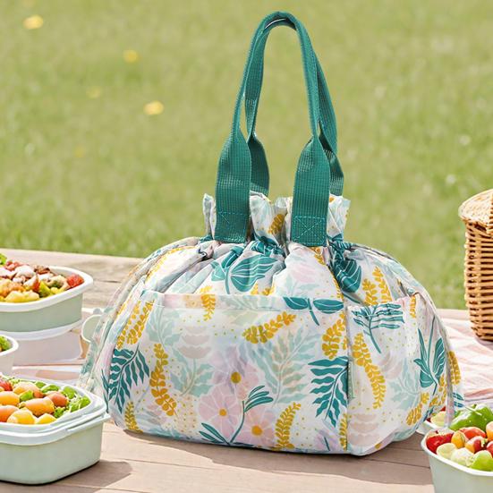 Изолированная сумка для ланча большой вместимости, портативная, для офиса, пляжа, пикника, сумка для хранения, непромокаемый термо-холодильник с принтом листьев, мешочек на шнурке, сумка-тоут зелёный