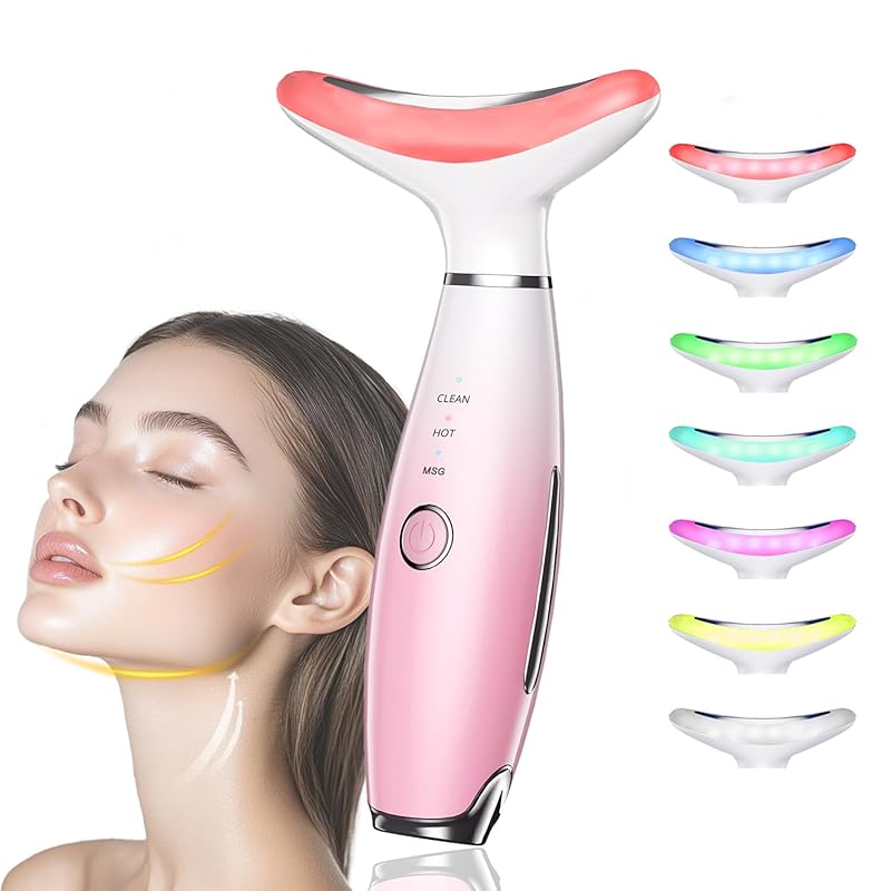 Facial and Neck Beauty Massager,7 Color Face and Neck Beauty Device with 3 Massage Modes,at Home Face Culpting Tool for Skin Care(Pink)