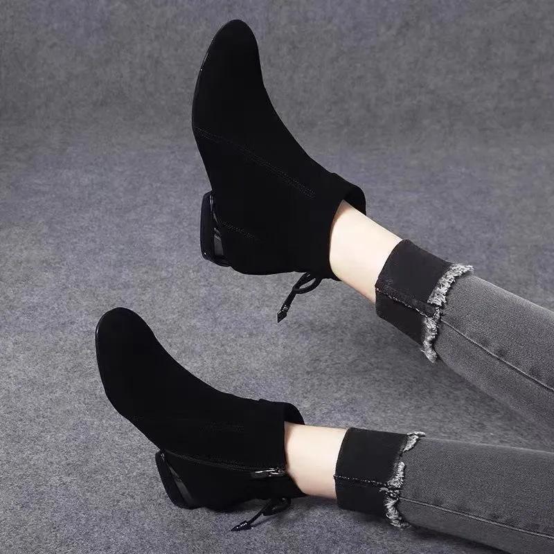 botas femininas women cute round toe black comfort spring & autumn ankle high heel shoes lady casual heel boots ab534