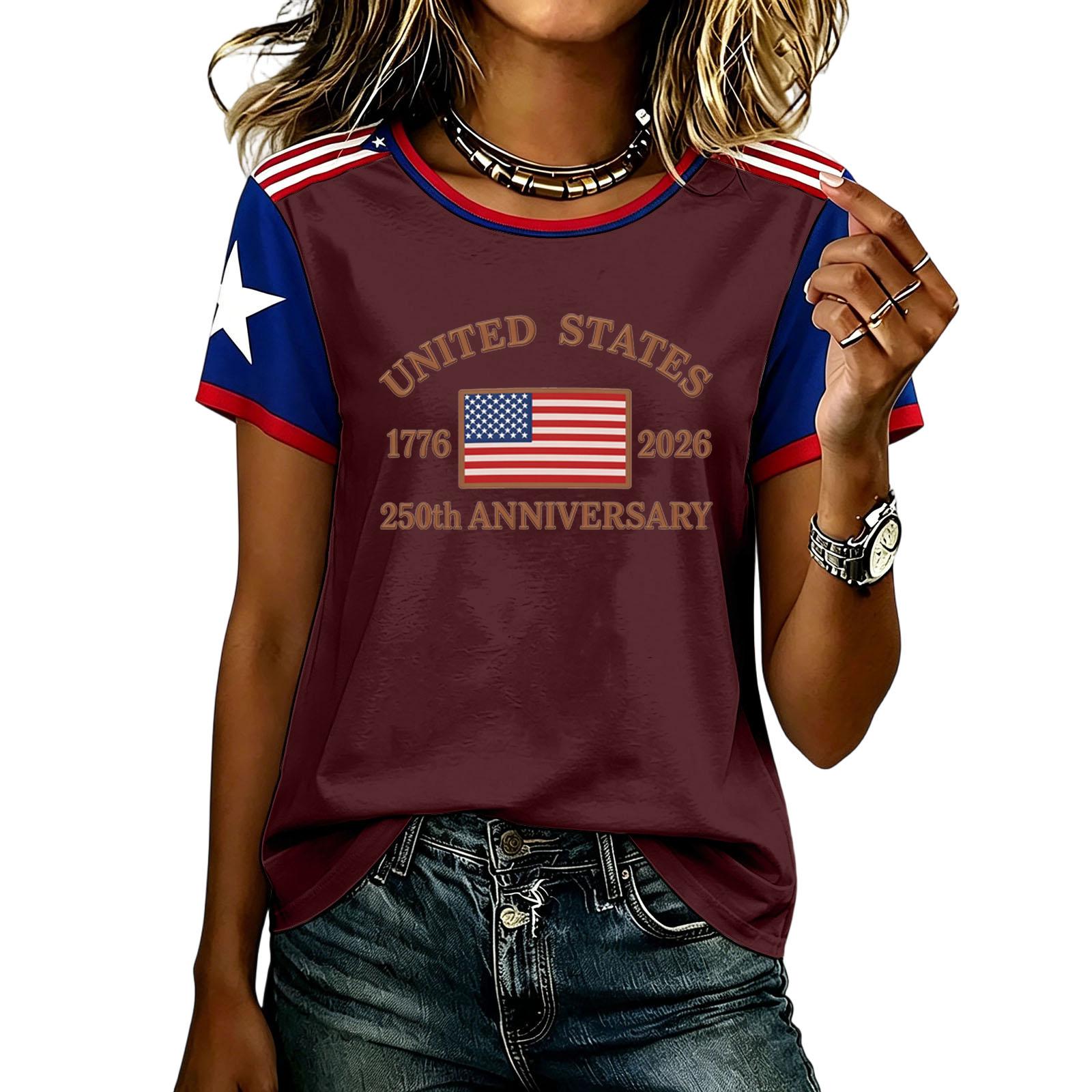 

Womens Short Sleeve Crewneck T Shirt States 250th Anniversary 1776 2026 Graphic Top Casual Loose Fit Tee XL винний