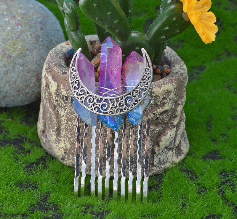 Handmade Natural Crystal 10-Tooth Hair Comb: Three Moons Bridal Headdress Festival Gift