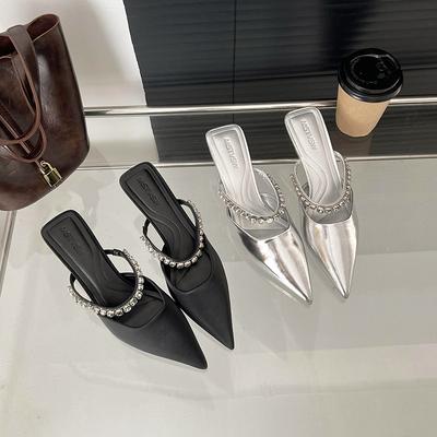 Fashion Sexy Ladies Pointed Toe Silver Slippers Women Crystal Band Slides High Heels Summer Party Shoes Woman Kitten Heel Sandalias 2025