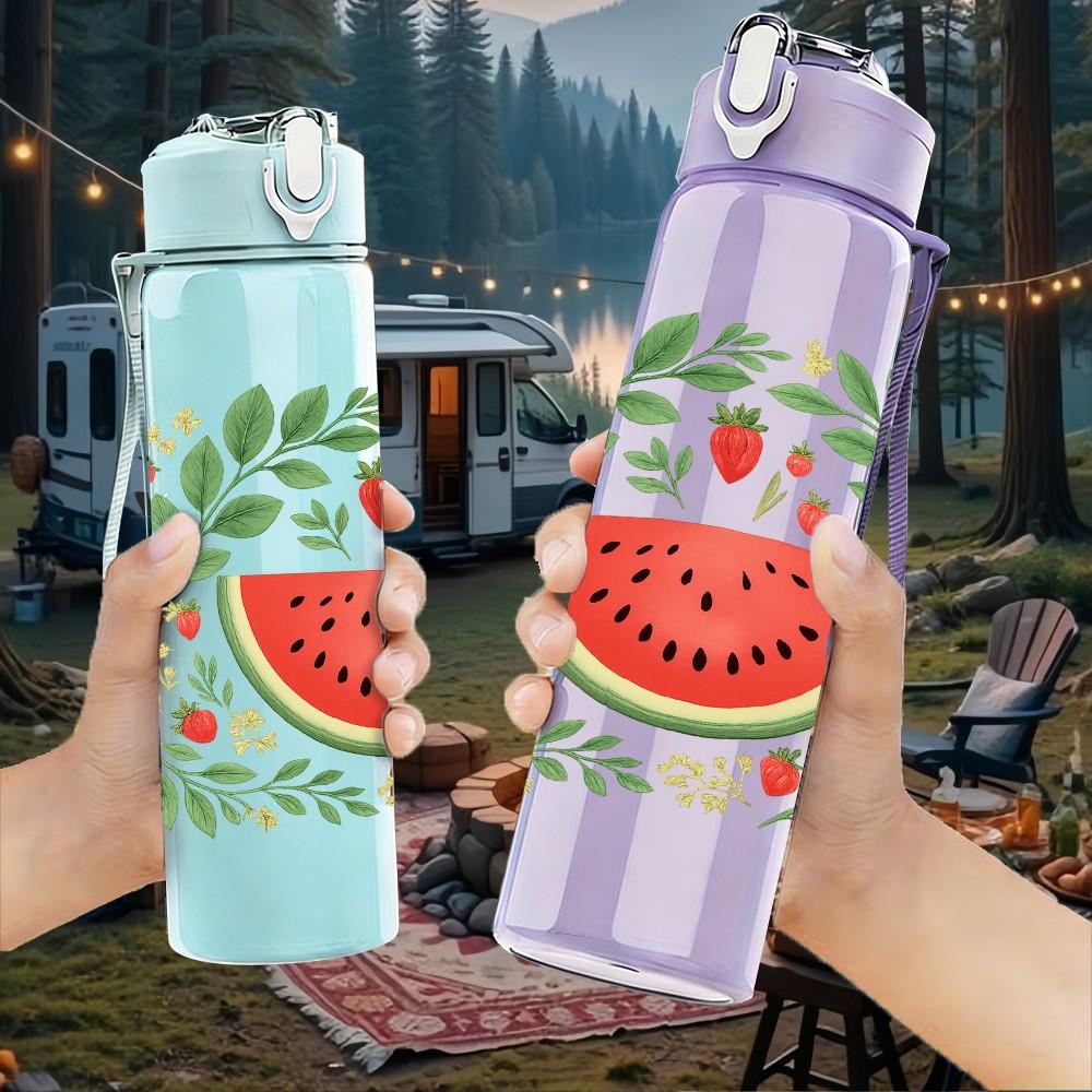 1PC Watermelon Leaf Wreath Fresh Fruit 750ml Color Plastic Sports Water Bottle Leakproof Flip Straw Lid Suitable for Sports Office Home Use