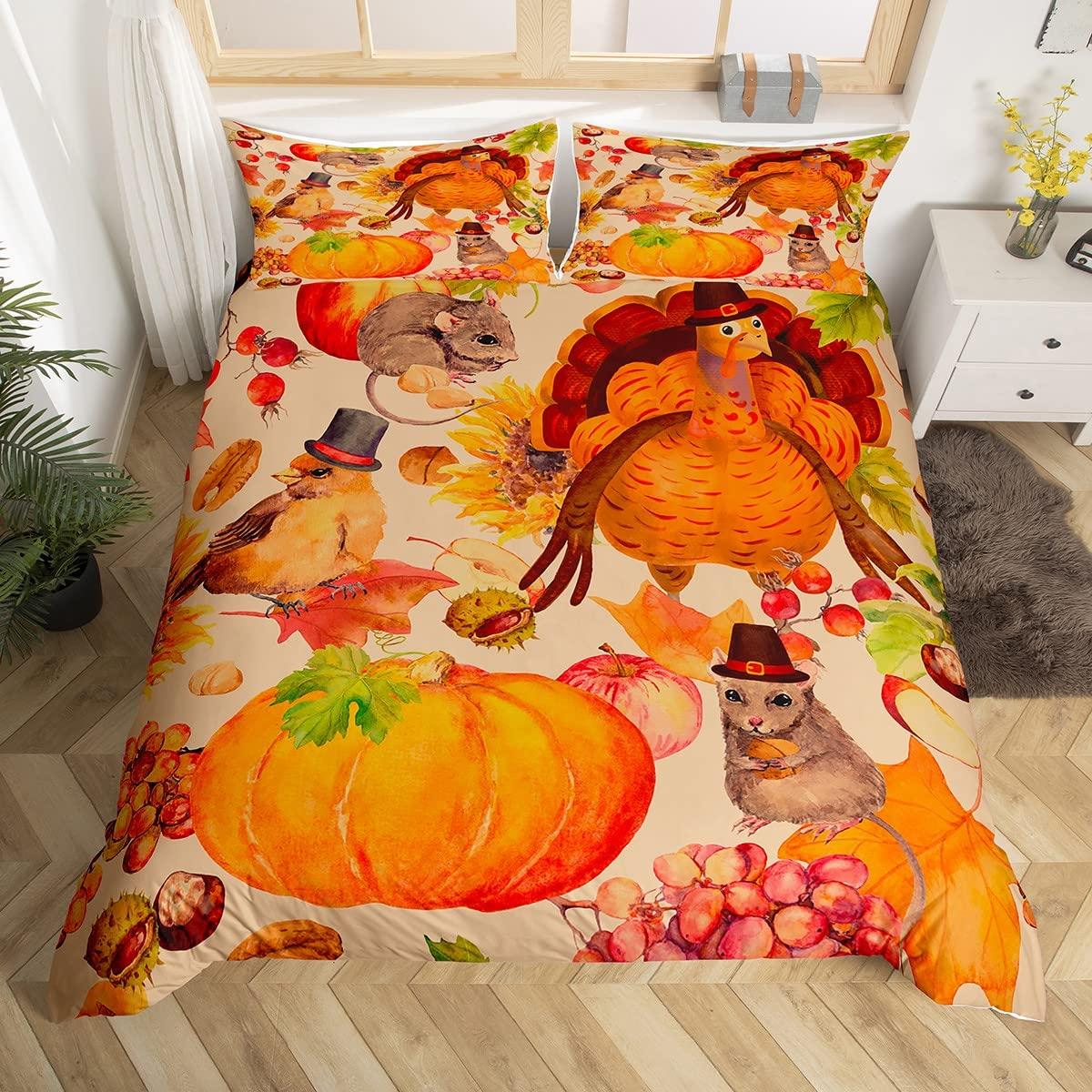 

Cartoon Dwarf Dwarf Duvet Cover Queen for Kids Girls,Fall Leaves Pumpkin Bedding Set Autumn Gnome Turkey Maple Leaf Quilt Cover (135x200cm)
