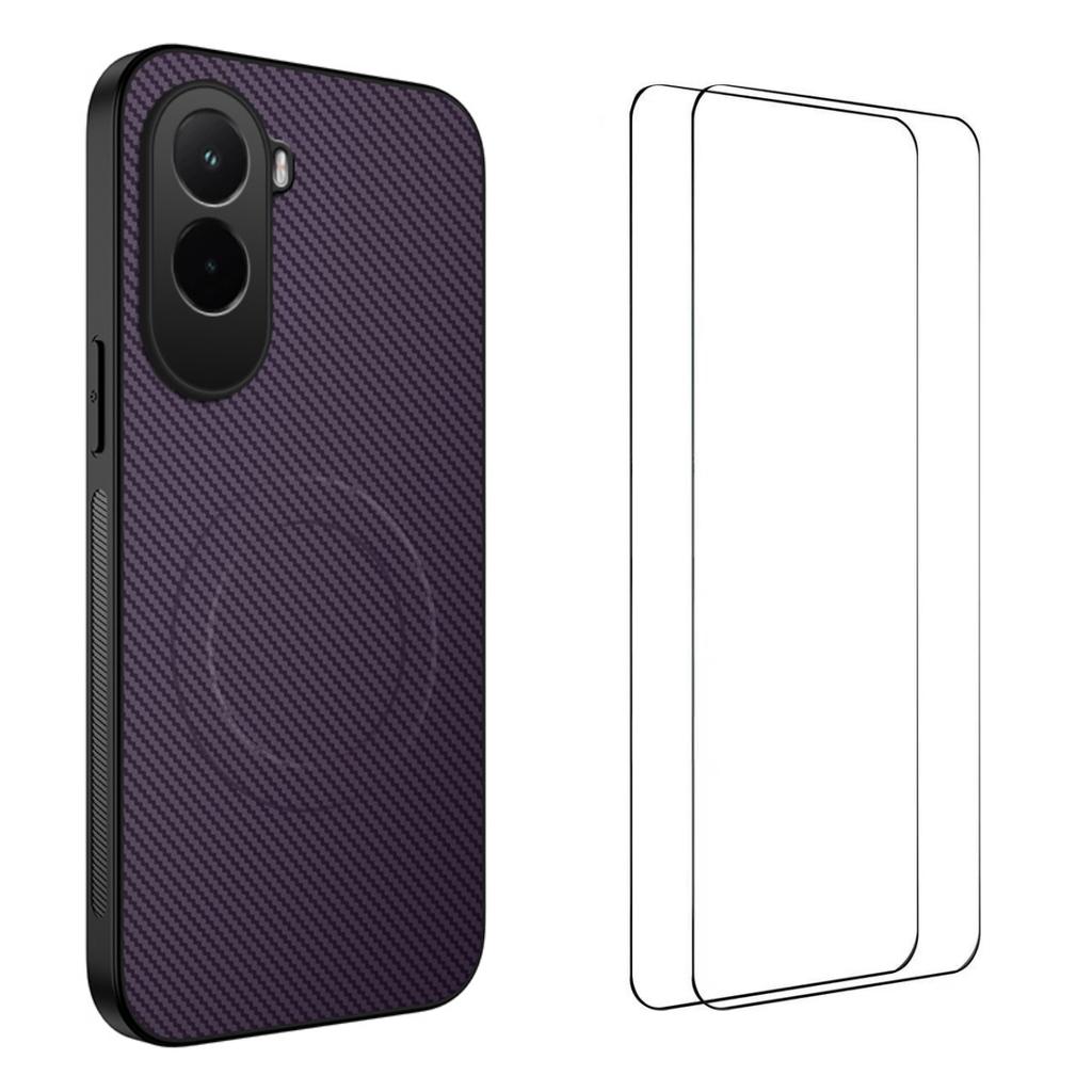 For Xiaomi Poco M7 4G Magnetic Case WANLONFENG TQ1 Series Carbon Fiber Texture PC TPU Phone Cover with 2Pcs Screen Films