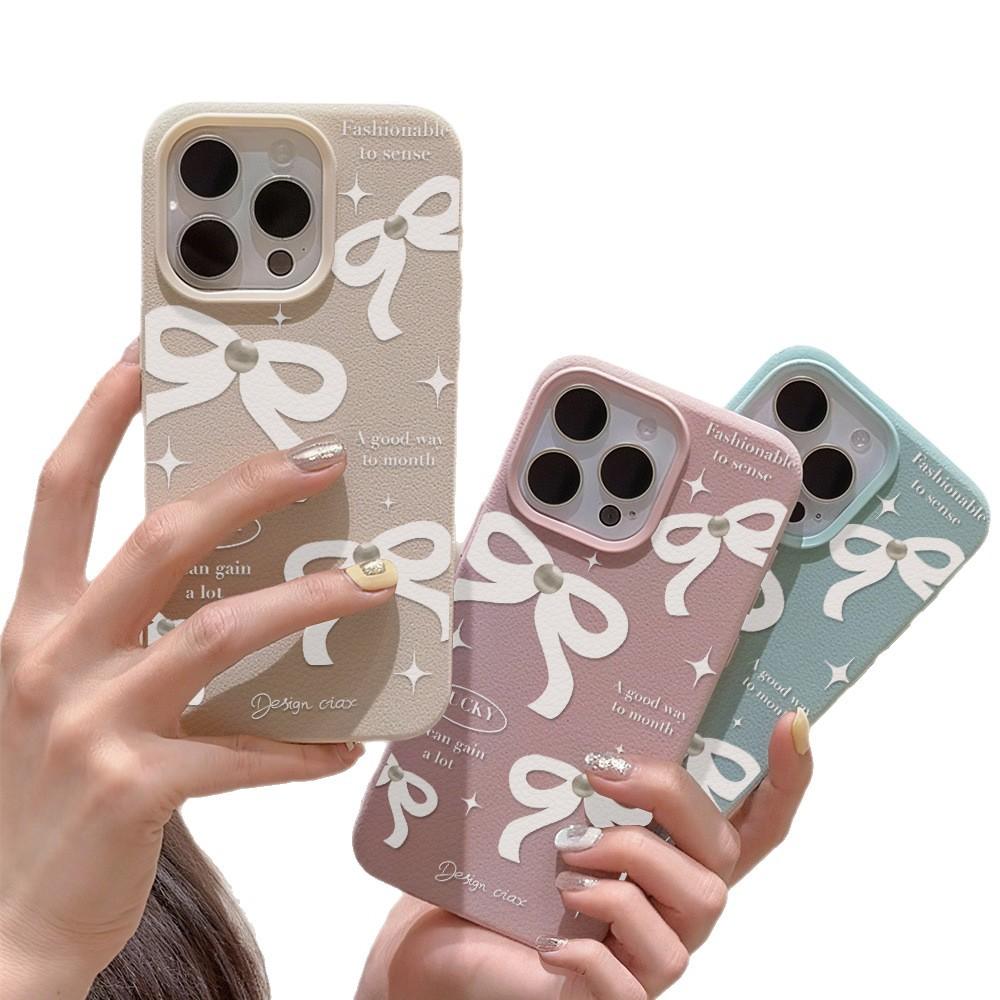 White English bow for iPhone17 ProMax leather pattern mobile phone protective case 17 large holes 16 simple