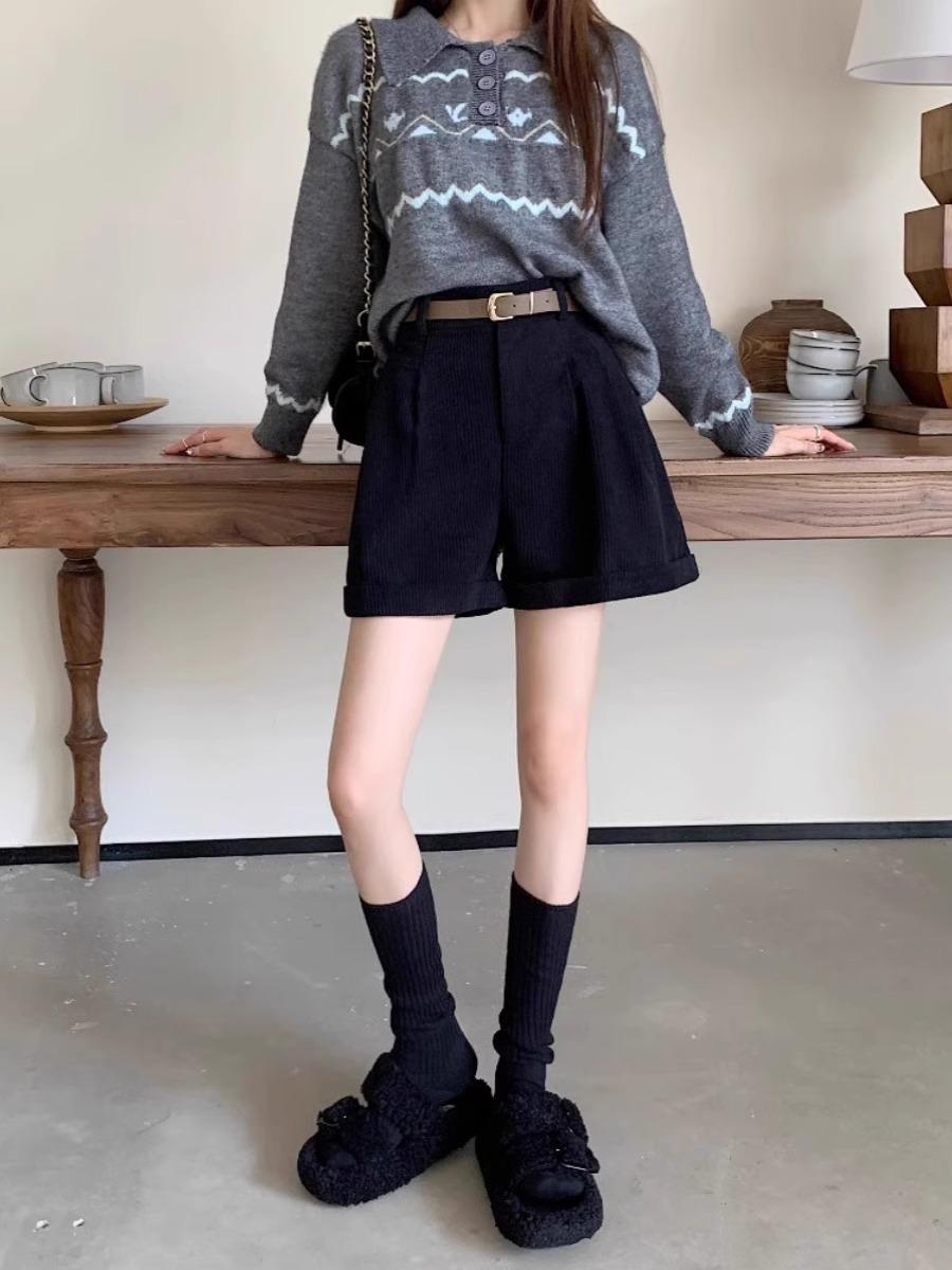 

Женские вельветовые шорты с высокой посадкой - Осень/Зима 2023 Корейский стиль широкие шорты для ягодиц 4XL чёрный