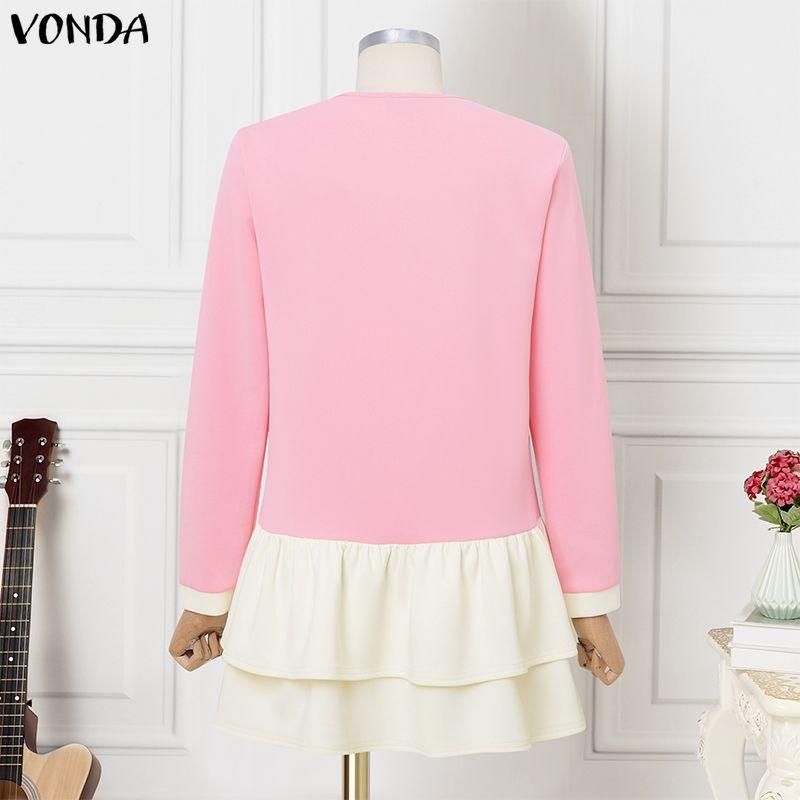 VONDA Women Casual V Neck Long Sleeve Patchwork Ruffled Dress