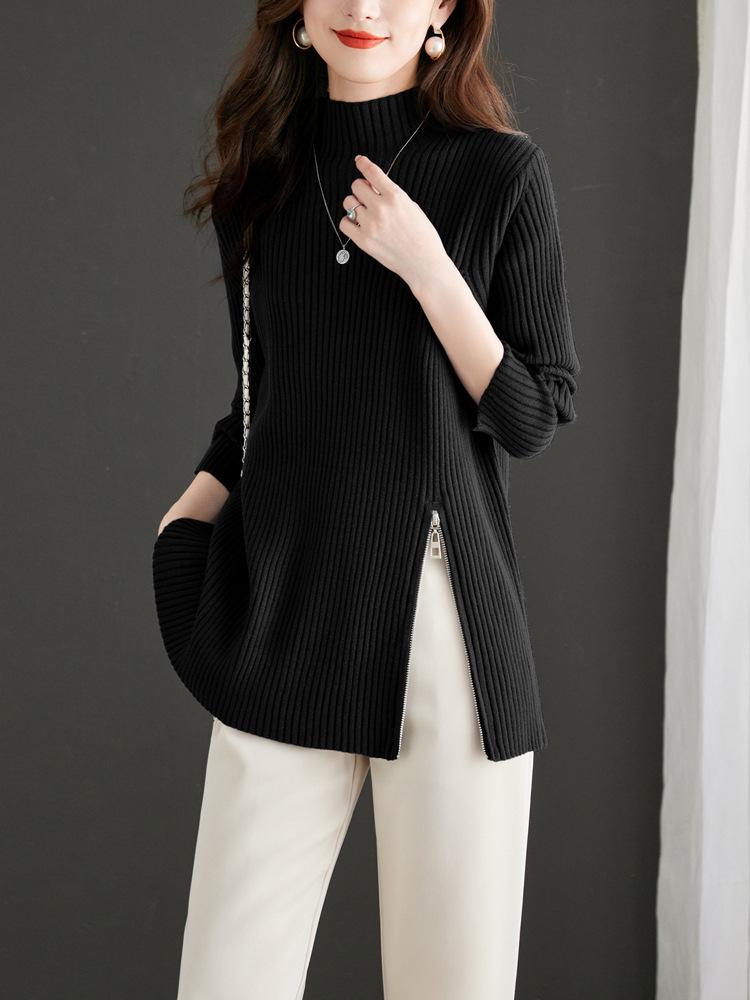 Design zipper semi-turtleneck solid color knitted sweater top women's autumn and winter new pullover sweater with bottoming shirt