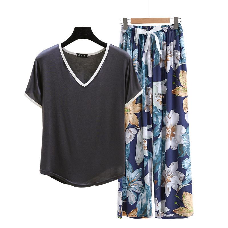 Modal Loungewear V-Neck color-block Tshirt and Floral Wide leg pants Summer Thin Pajamas sets Casual Plus size Homewear 2pcs suit Comfort clothing