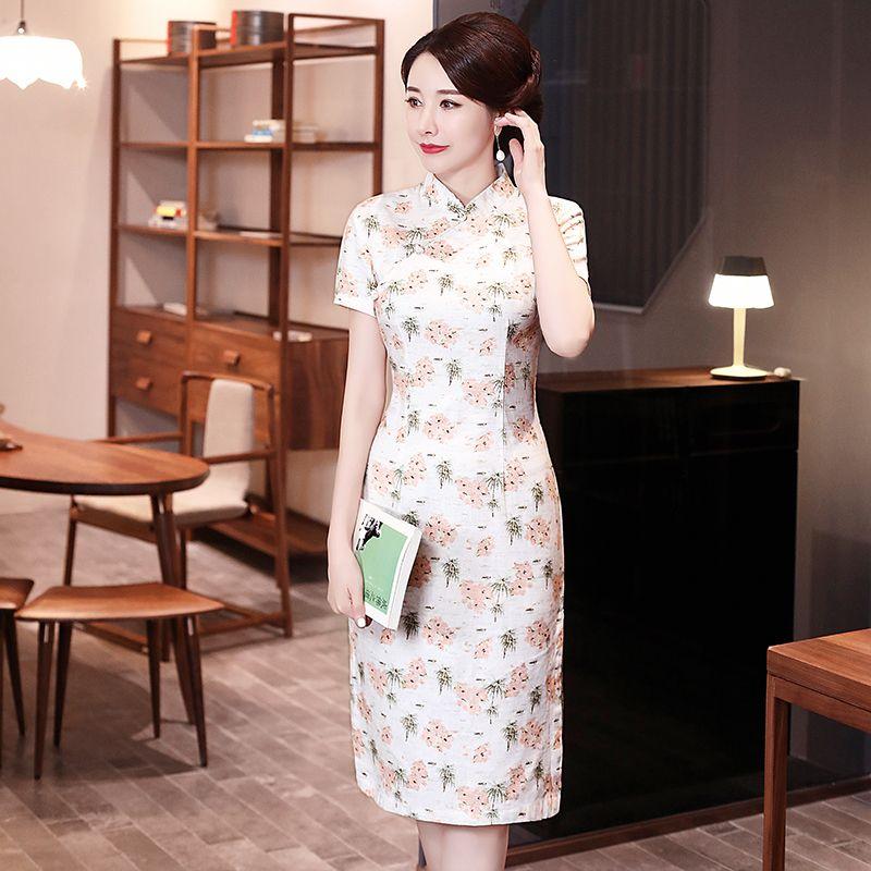 Summer Short-sleeved Cheongsam Chinese Style Dress Medium-length Large-size Dress