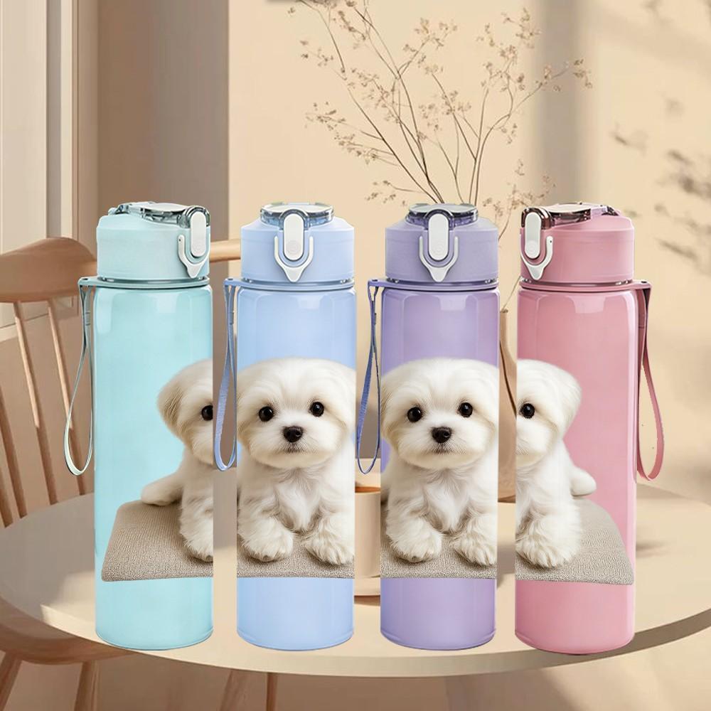 1PC Tiny White Puppy Standing Up 750ml Color Plastic Sports Water Bottle Leakproof Flip Straw Lid Suitable for Sports Office Home Use