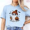 Little Boo Drinking Coffee Women T-Shirts Fashion Halloween Party Spooky Season Shirt Harajuku Graphic Tops Casual Streetwear