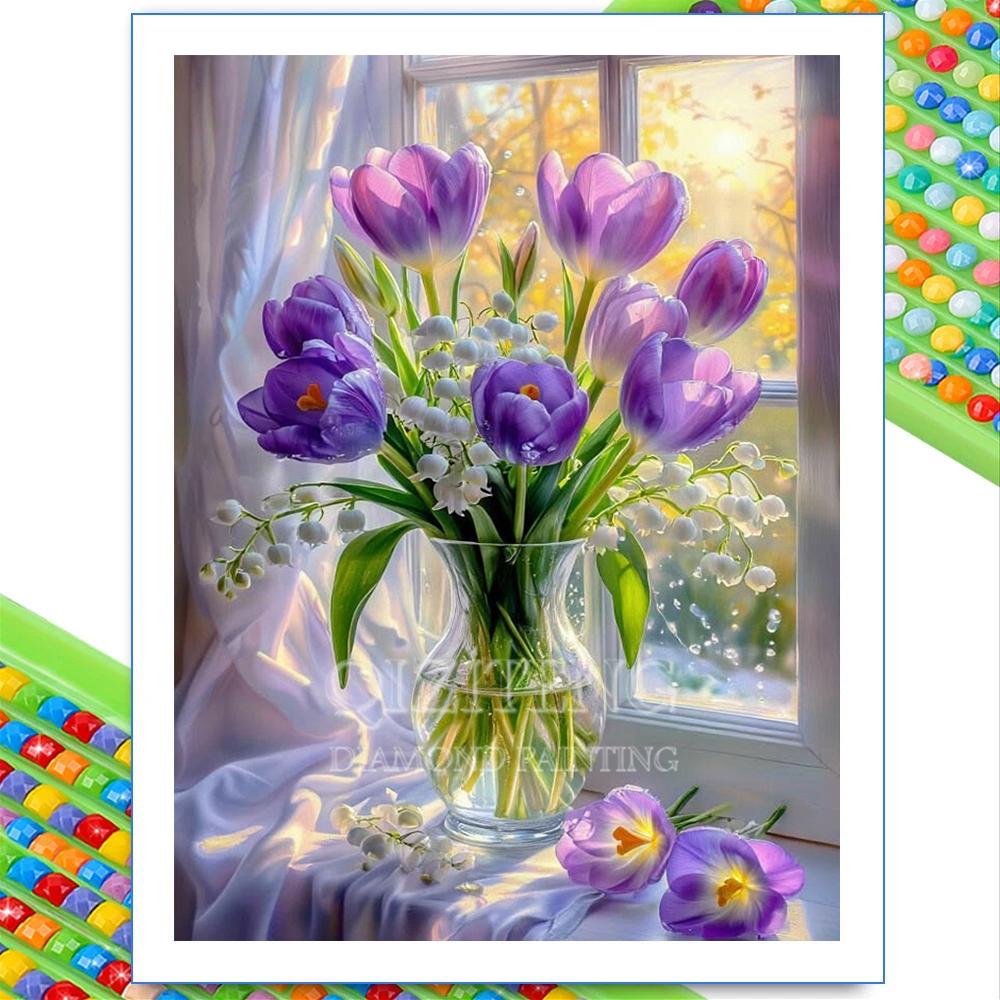 Window View Flower Diamond Painting 5D Full Drill Lily Rose Peony Bouquet DIY Rhinestone Embroidery Mosaic Art Home Decor Gift