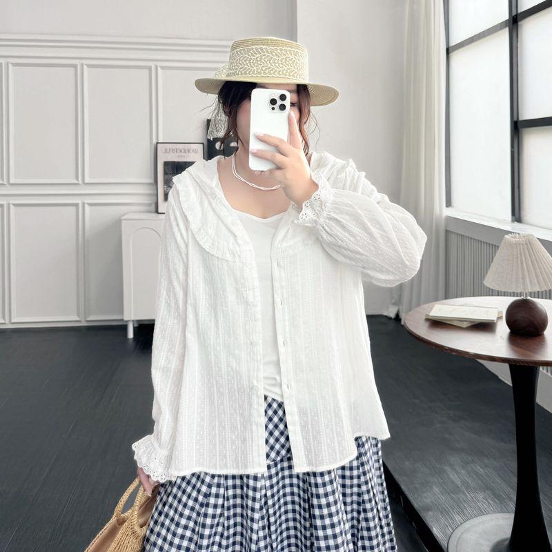 

Plus size women clothing [Fairy Flying] Chubby Girl Korean Series Lace Jacquard Breathable Long sleeve Hood Sun Protection Shirts Outerwear Moonlight White 4XL