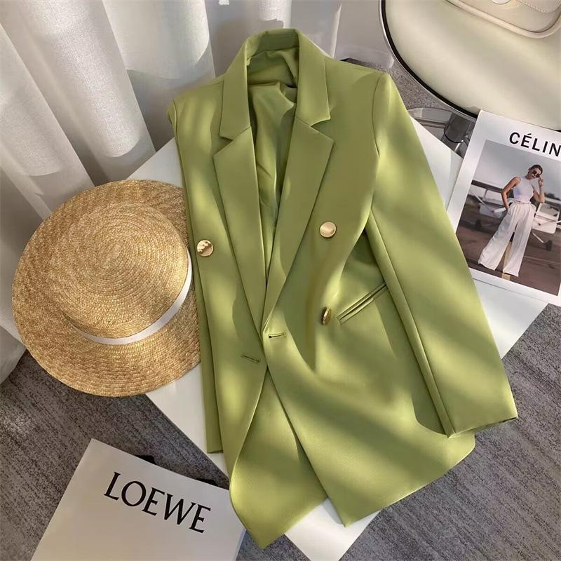 Women Long Sleeve Blazer Jacket Lapel Double Breasted Gold Button Loose Fit Office Casual Suit Outerwear Coat