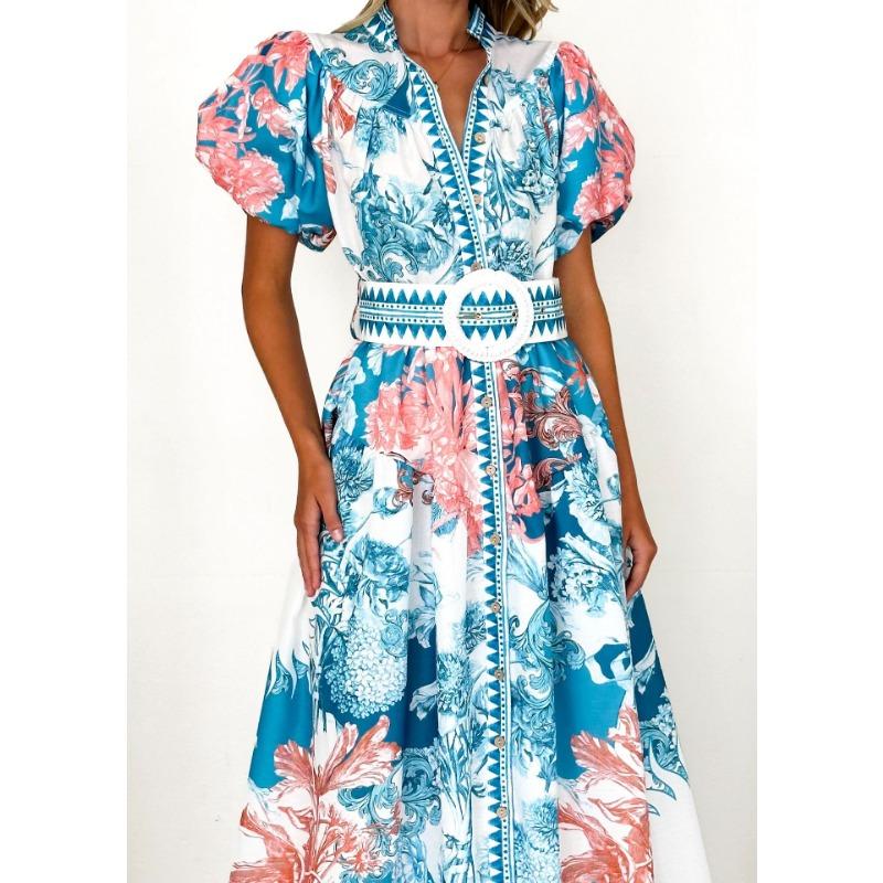 VEZFAA Women's Fashion Summer Spring Flower Pattern Print Short Sleeve V-Neck High Waist Casual Dresses