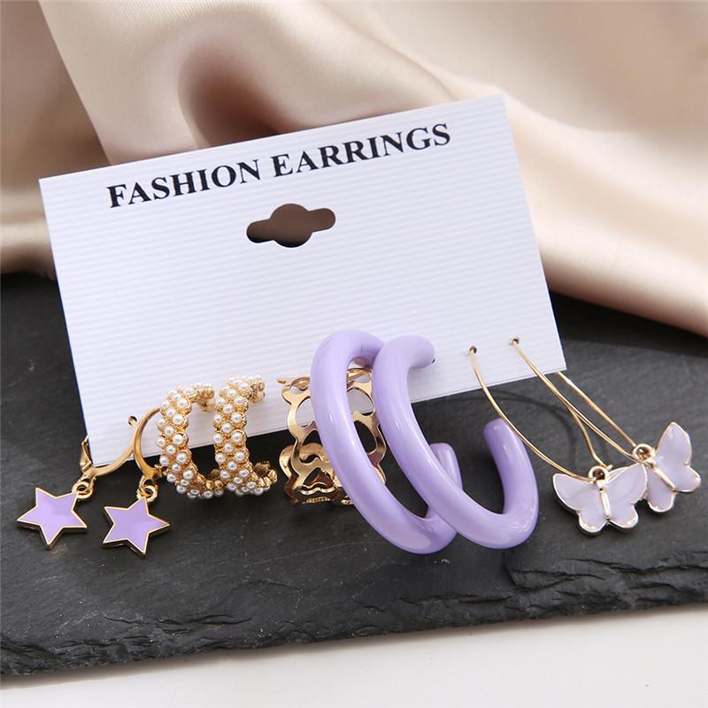 Lady Charm Boho Star Butterfly Drop Earrings Set for Women Geometric Pearl Earrings Party Jewelry