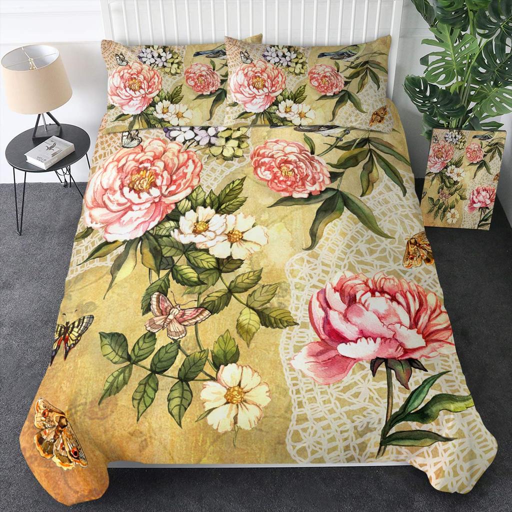 Shabby Chic Floral Duvet Cover Set Vintage Rose Butterfly Pattern Watercolor Flowers Bedding Set 2/3pcs,Botanical Comforter Sets