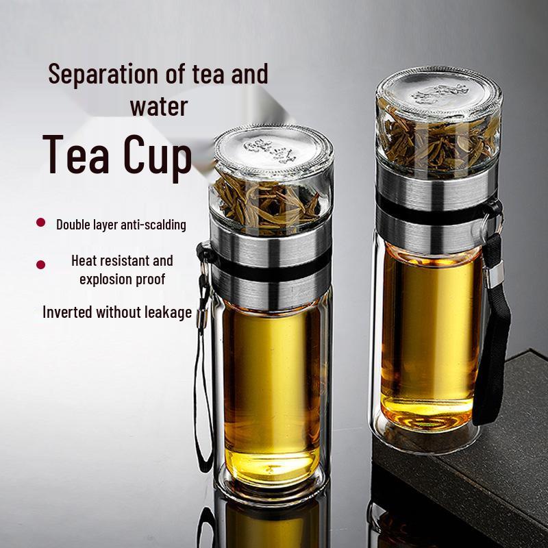 Men's Double-Walled Glass Tea Cup - Transparent, Insulated, Portable Business Gift