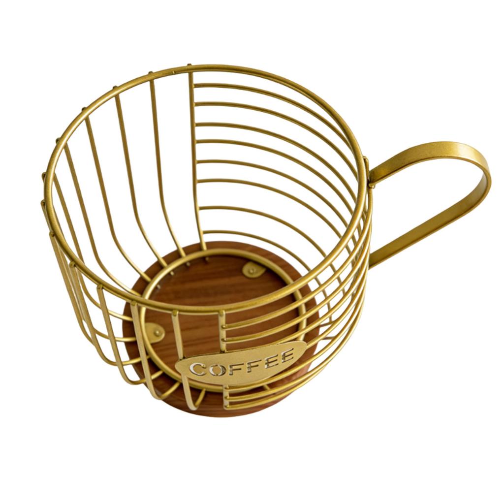 Metal Coffee Pod Wire Basket with Wooden Base Large Capacity Coffee Pod Holder for Kitchen Countertops Coffee