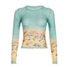 Vintage Inspired Printed Color Block Mesh Long Sleeve T Shirt Spicy Girl Lightweight Slightly Sheer Pullover Round Neck Top Women