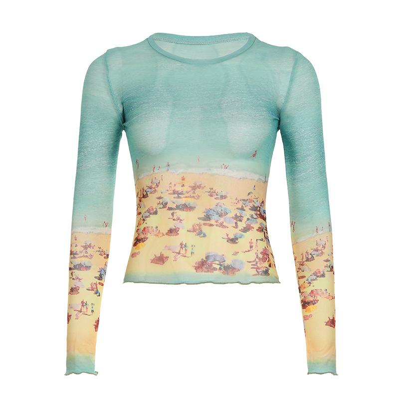 

Винтажная футболка с принтом в стиле колор-блок из сетки с длинным рукавом для острой девушки, легкий, слегка прозрачный пуловер, топ с круглым вырезом для женщин L