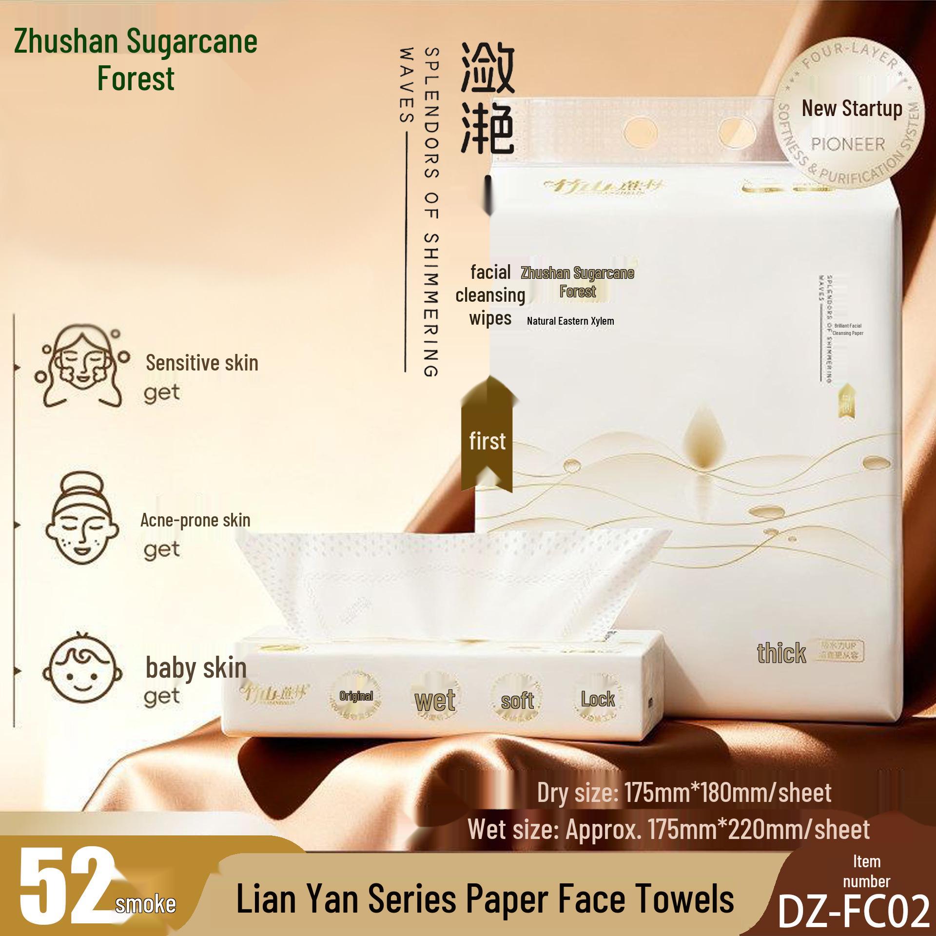 Zhushan Sugarcane Gentle Facial Cleansing Wipes for Babies and Adults - Thick, Durable, Non-Breaking Wet Towels. Standard Size